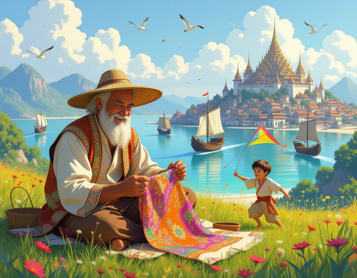 Serene Farmer Repairs Fabric in Miyazaki Style