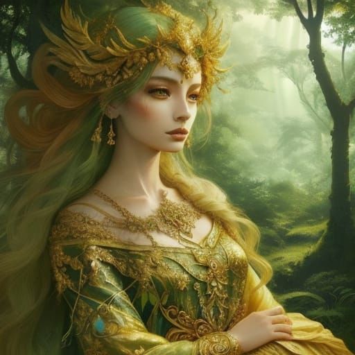Regal Goddess in Lush Ancient Forest