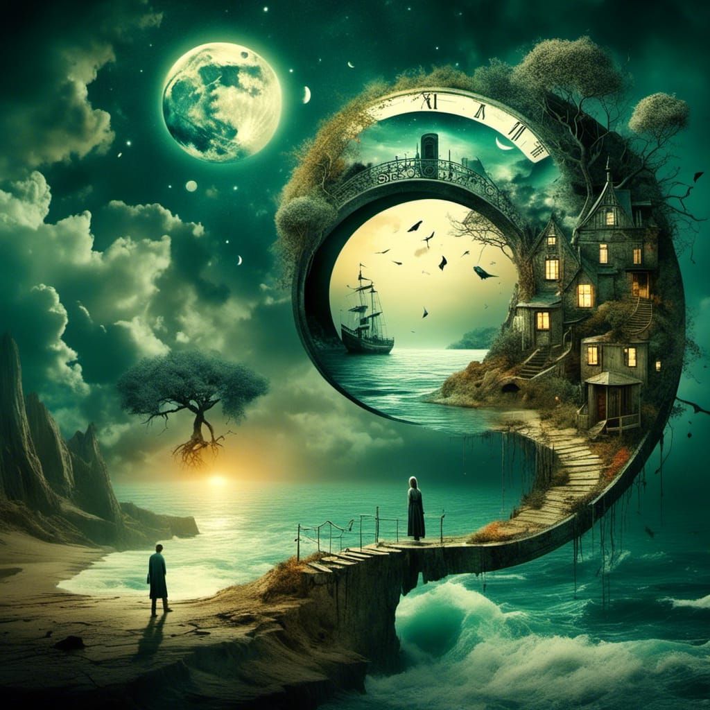 Surreal Stargate Scene with Bonsai and Cottages