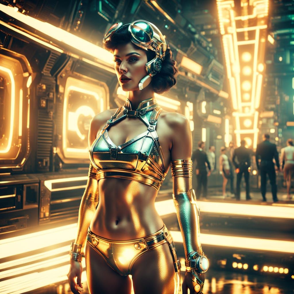 Elegant Woman in Retro Sci-Fi Bikini