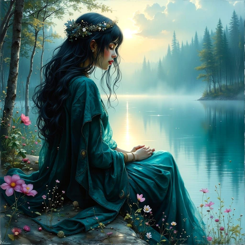 Melancholic Lady at Dawn with Iridescent Bubbles