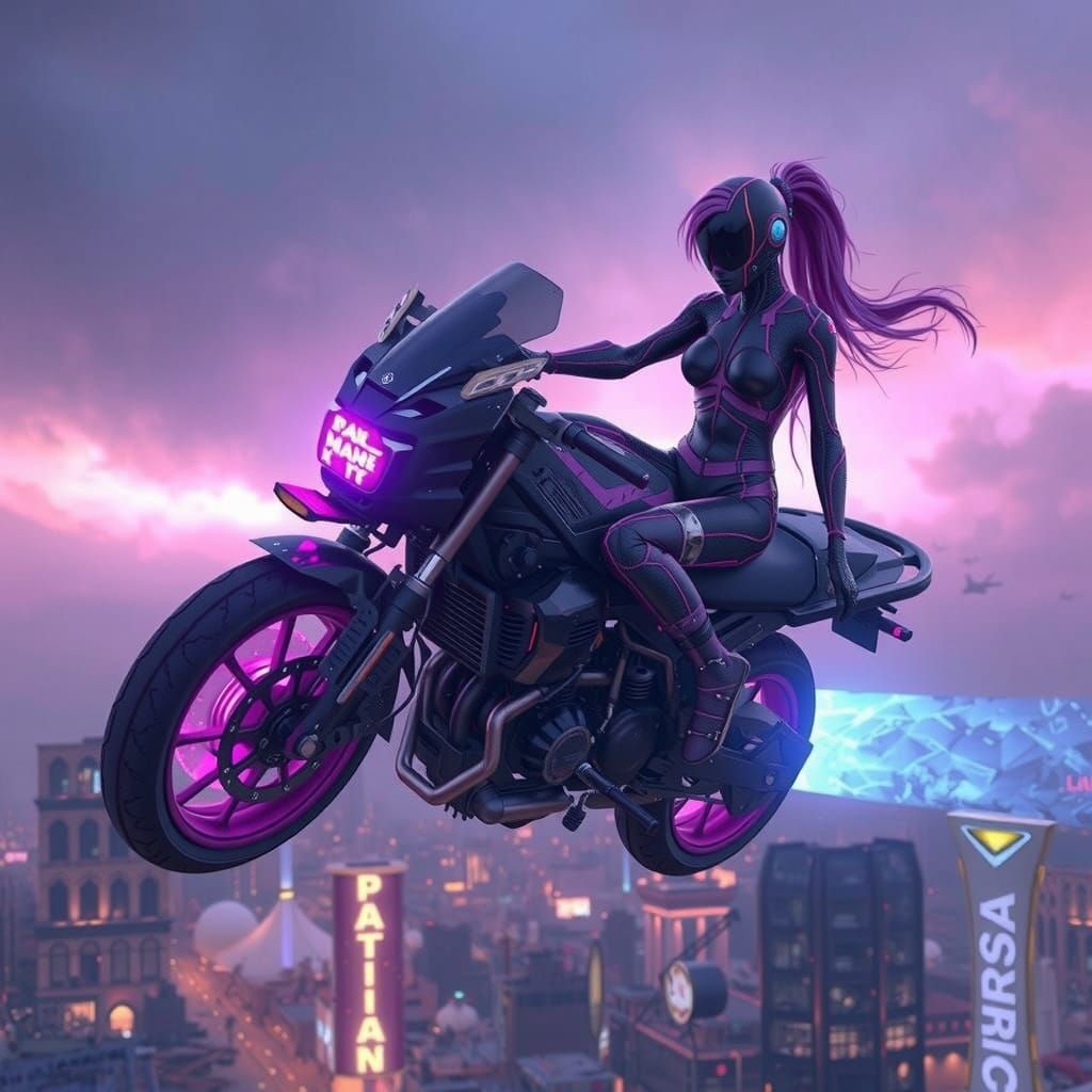 Purple Psycho Ranger on Hoverbike in Alien Cityscape