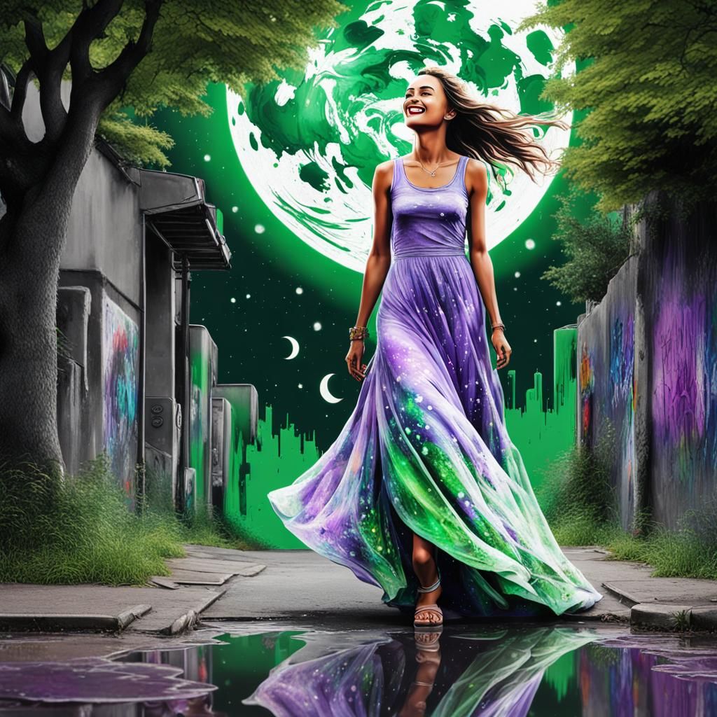 Radiant Woman in Lavender Dress: Graffiti Art Style