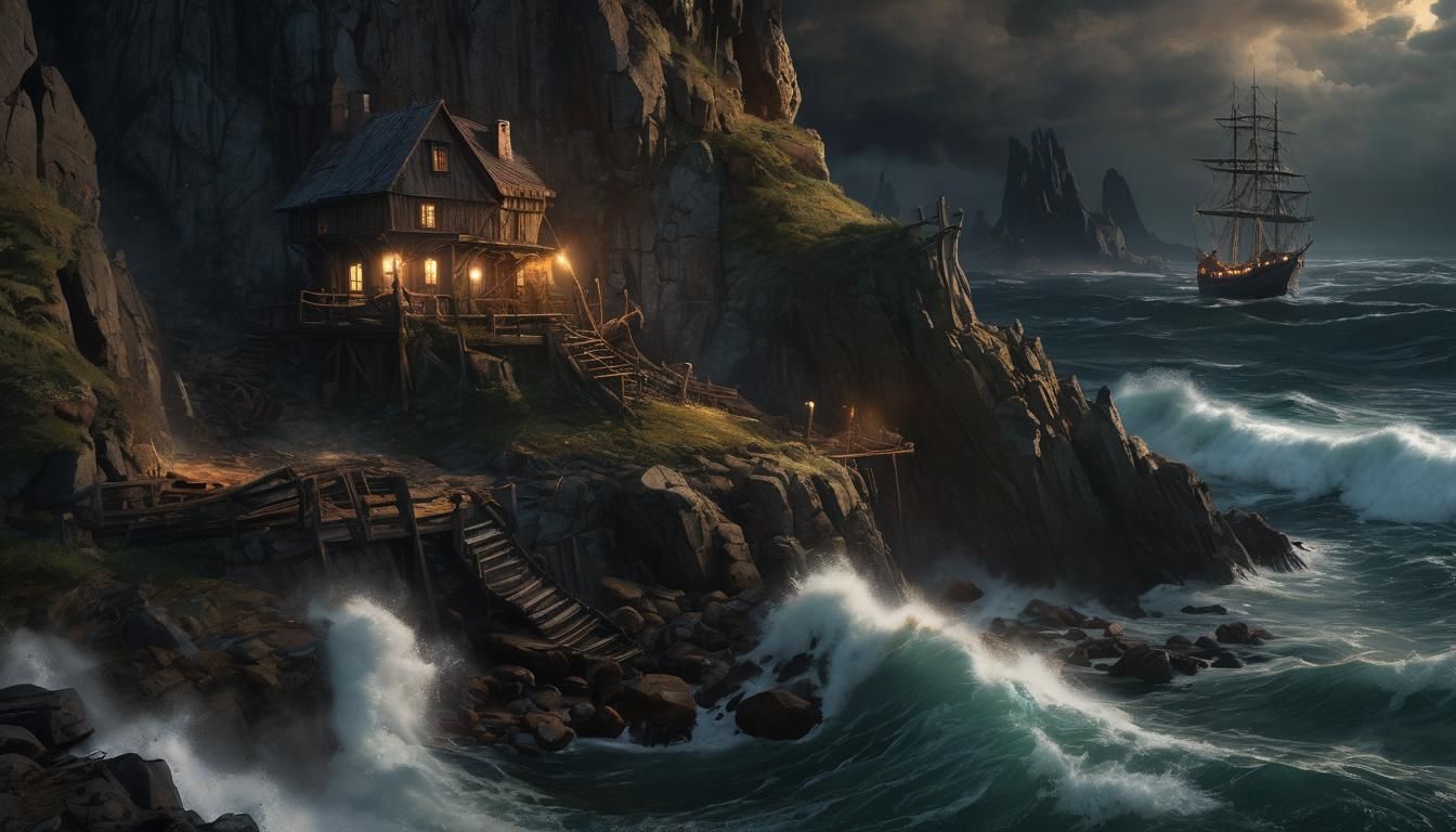 Dystopian Lighthouse in Stormy Seas