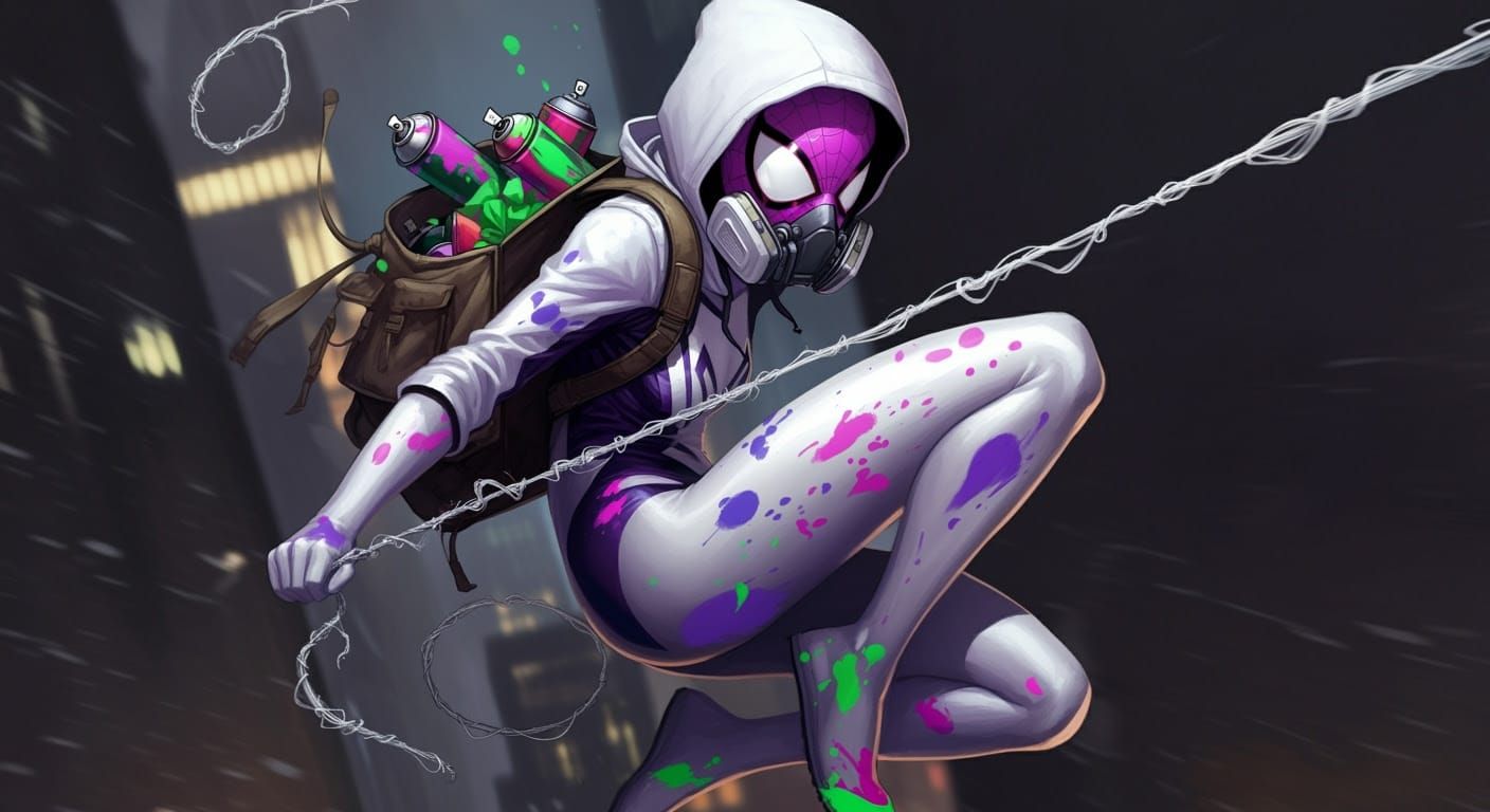 Spider-Woman Swings Through Urban Jungle with Vibrant Paint...