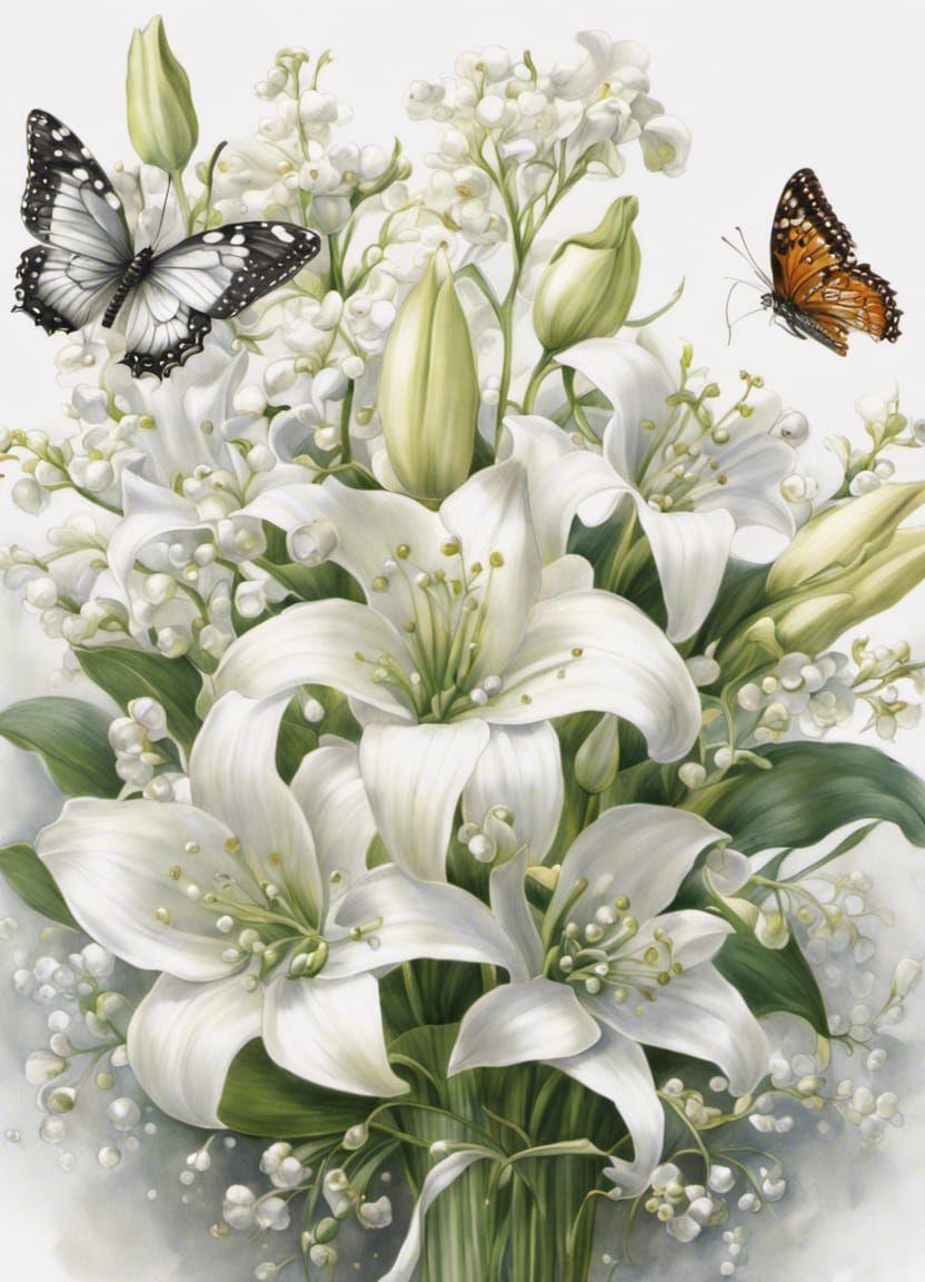 Glitter Butterfly with Lilies Bouquet in Digital Art