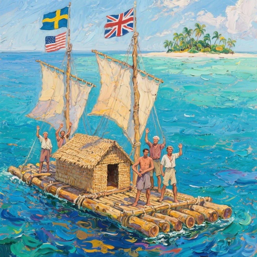 Kon-Tiki Crew Arrives at Tropical Atoll in Wax Impasto Style