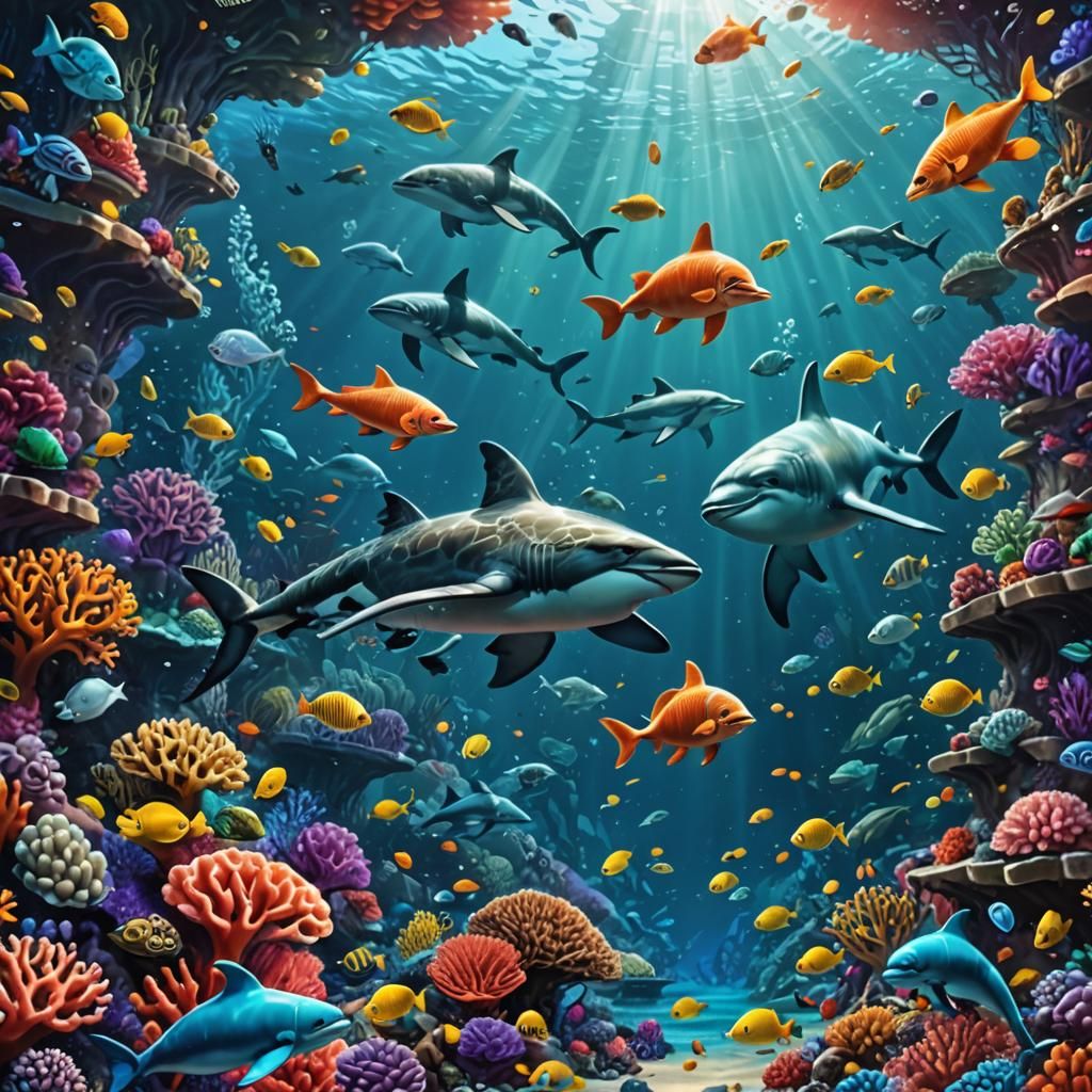 Coral Reef Cartoon with Dolphins and Sea Turtles