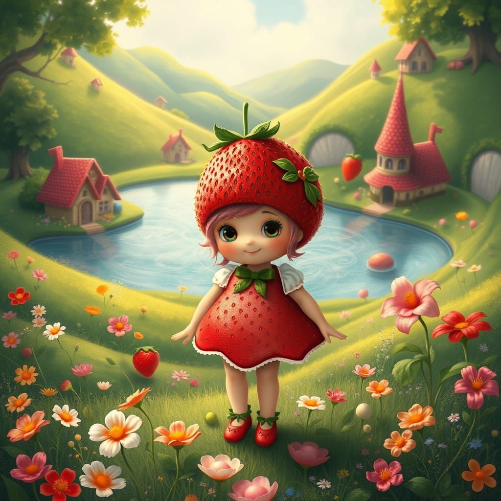 Whimsical Strawberry Village with Chocolate Lake