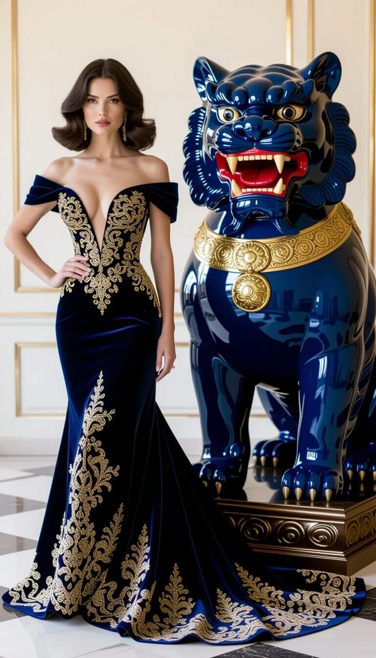 Elegant French Woman in Velvet Gown Beside Tiger Sculpture
