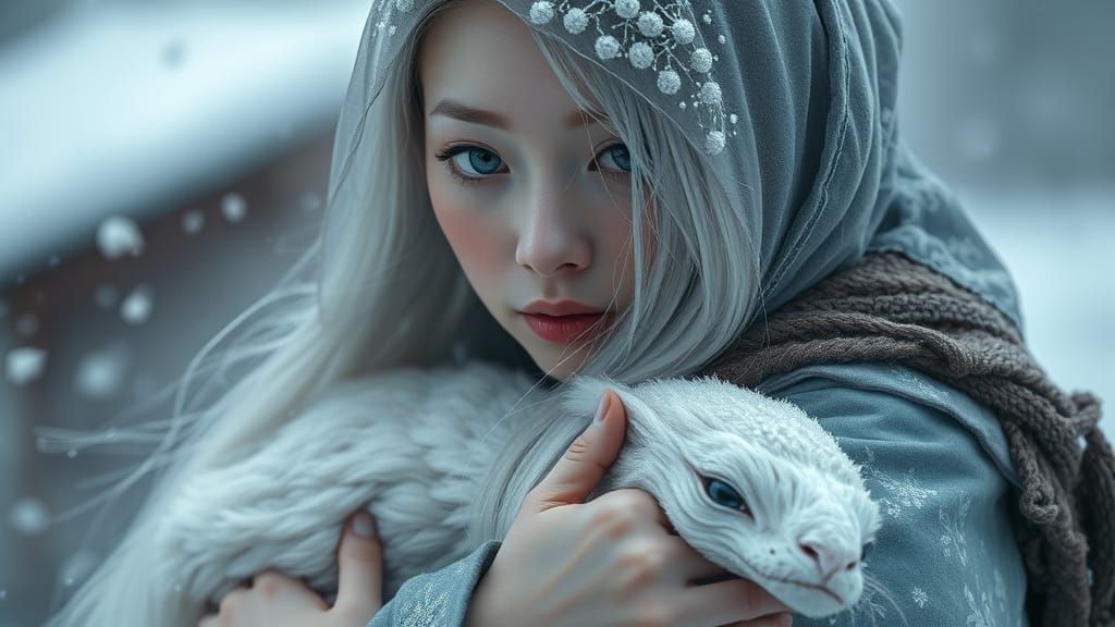 Gentle Carrying of a Serene Yuki-Onna Spirit in a Hyperreali...