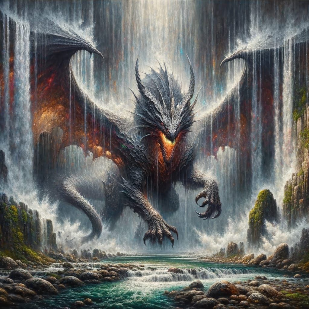 Majestic Dragon Awakens Behind Waterfall in a Stunning Oil P...