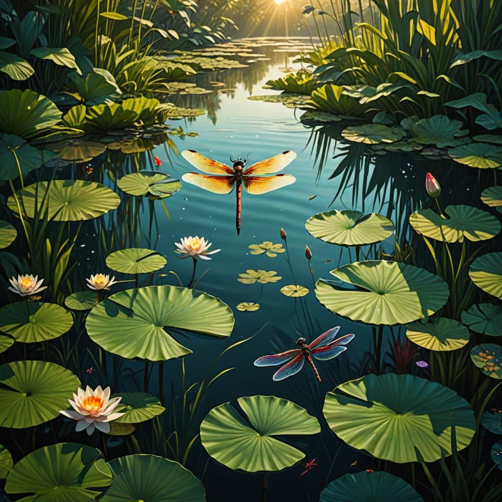 Realistic Tropical Dragonfly in Vivid Water Lilies
