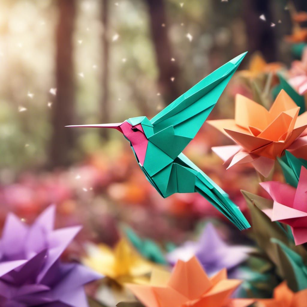 Origami Hummingbird Drinking From Flower, 8K