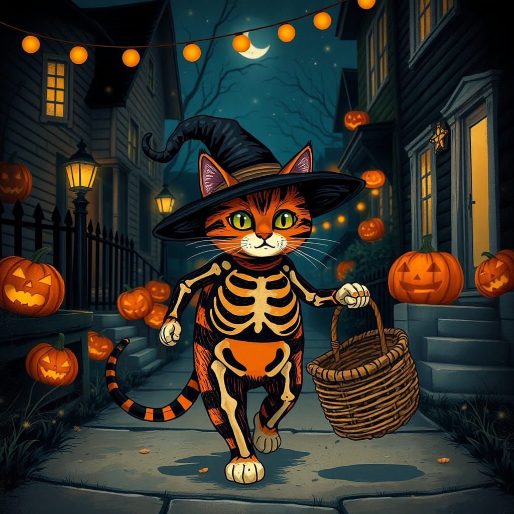 Cat in Halloween Costume in Gothic Folk Art Style