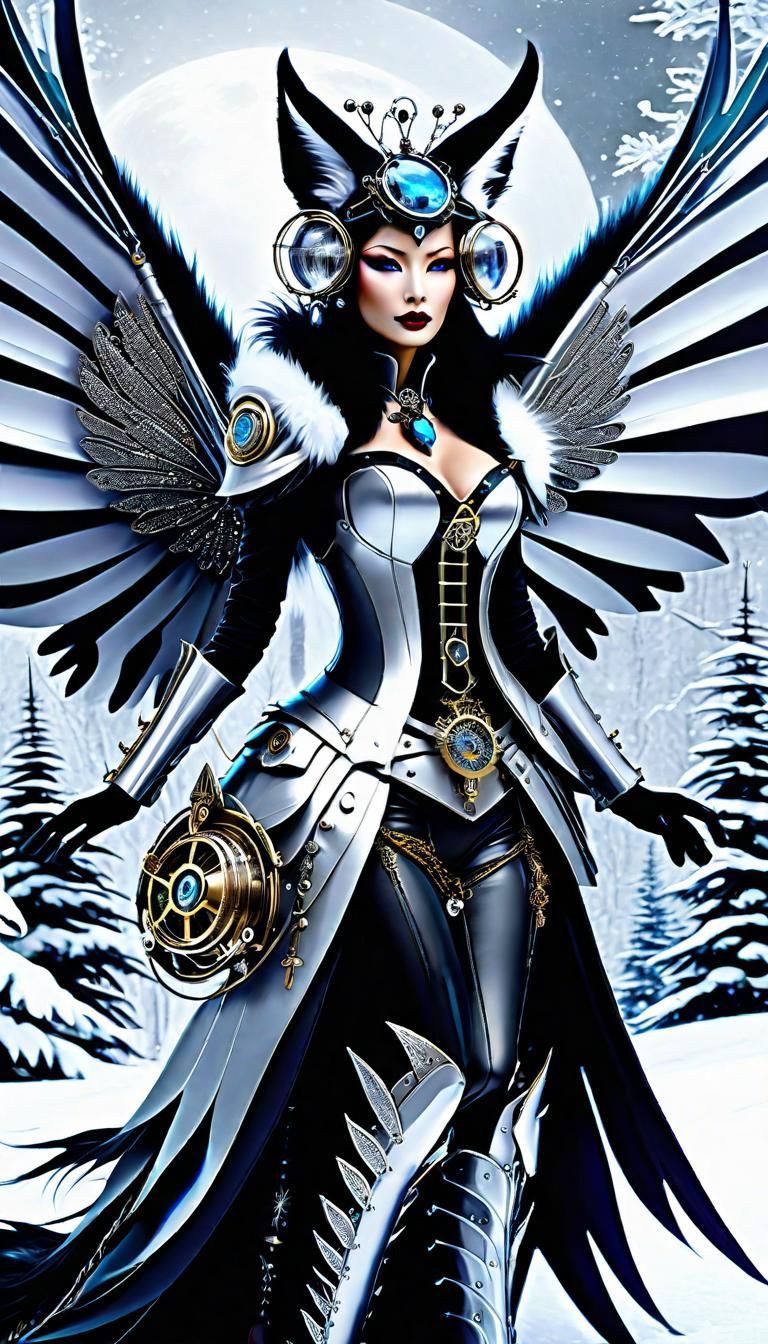 Hypereealistic, Steampunk Aether powered ,winged  fox kitsune mecha, Crystal ice mecha,  Unseelie  Foxes at play in the ...