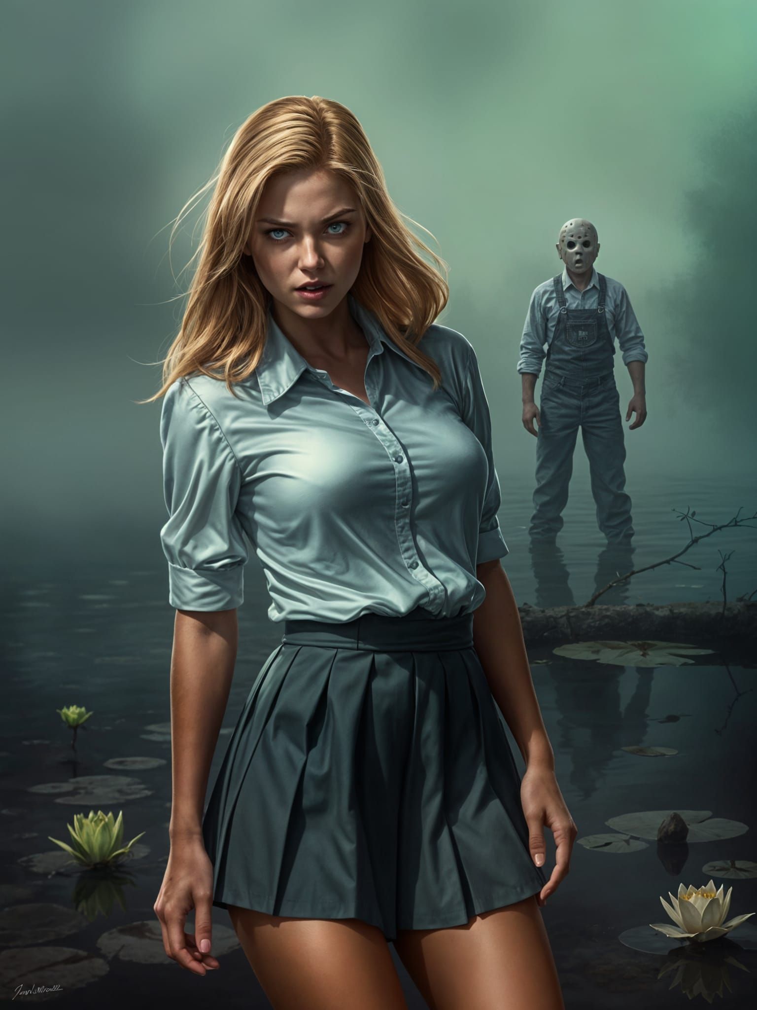 Eerie Schoolgirl Portrait with Jason Voorhees