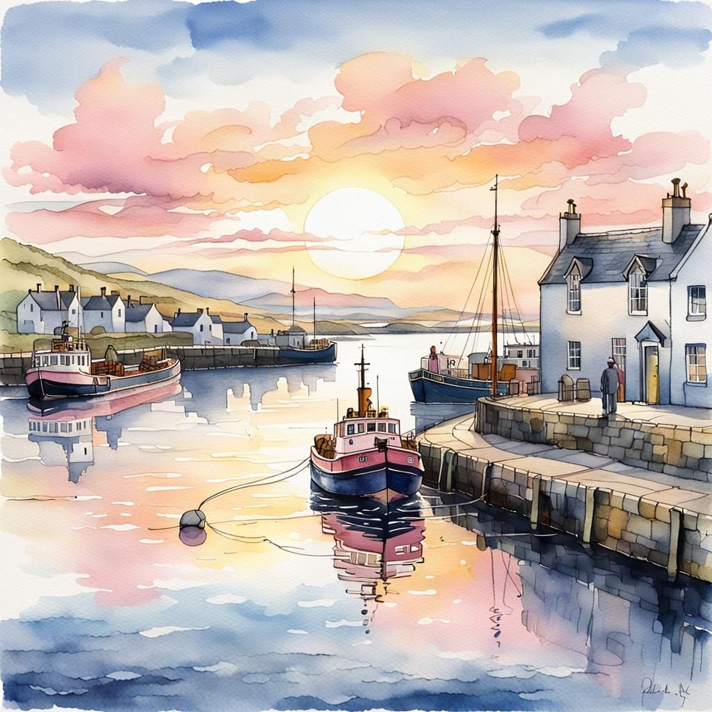 Scottish Ferry at Sunset: Watercolour and Ink