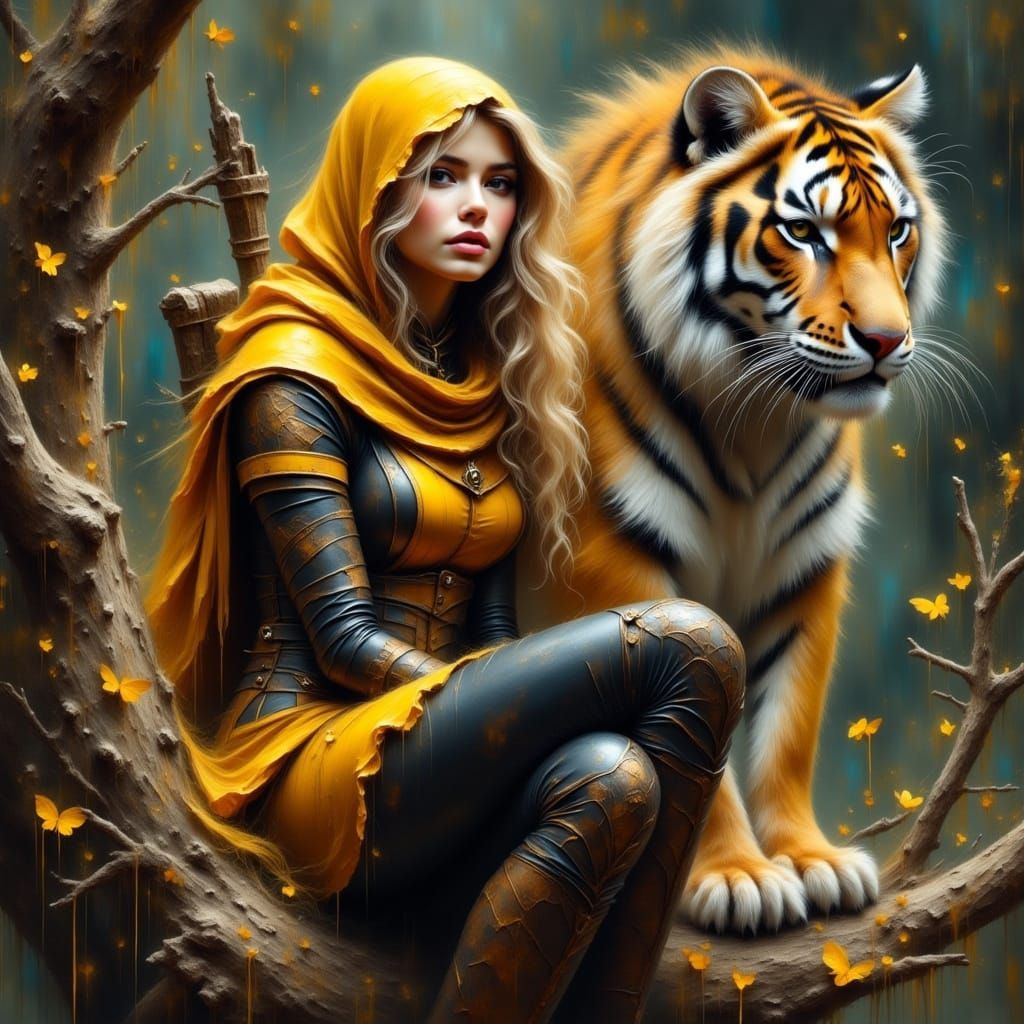 Fantasy Rogue and Tiger in Tree, Detailed Matte Painting