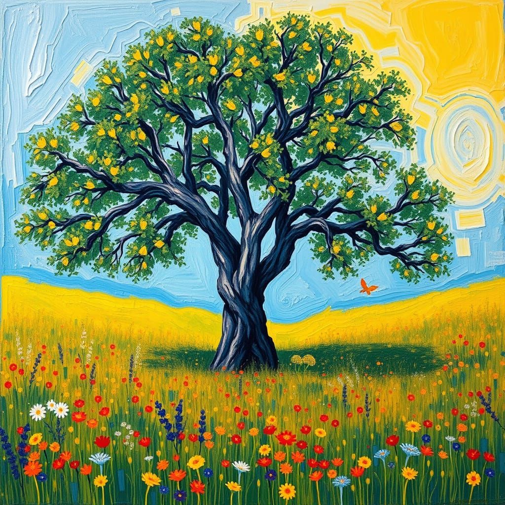 Ancient Tree in Wildflower Meadow, Neo-Impressionist Style