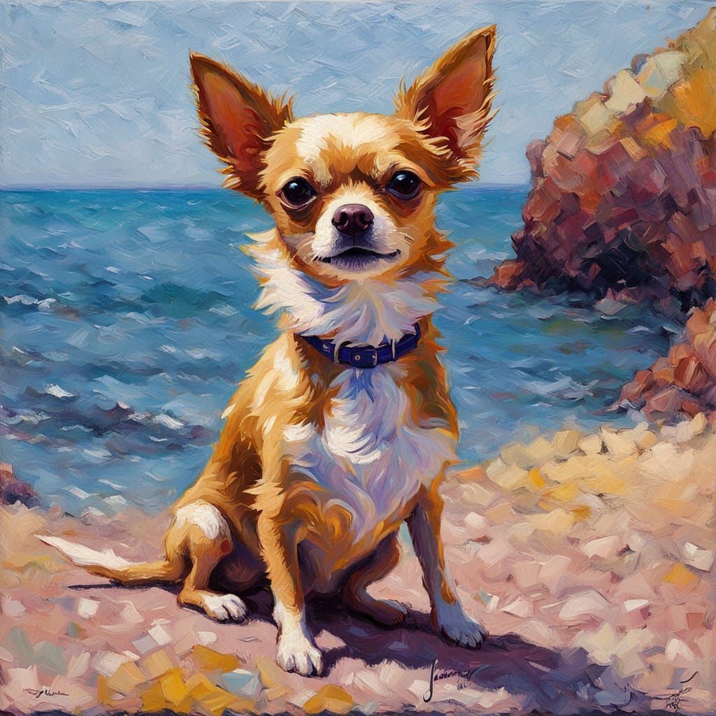 Chihuahua Gazing at Sea in Neo-Impressionistic Style