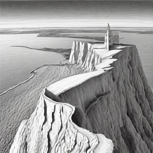Line art with cross-hatching, the White Cliffs of Dover