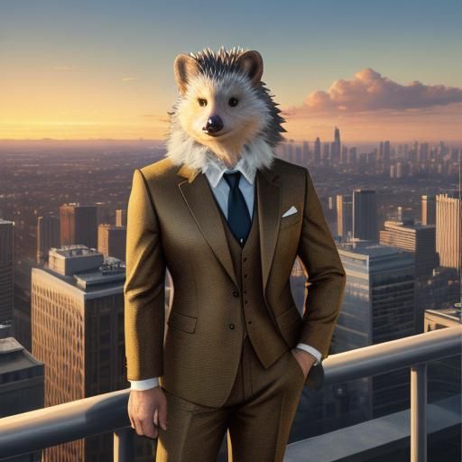 Fauvist Hedgehog Businessman at Sunset: Impasto Portrait