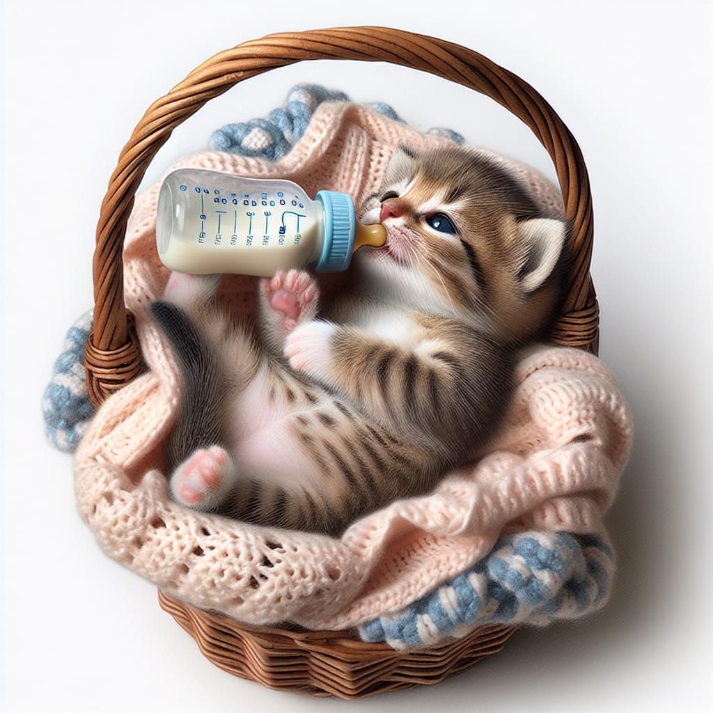 Adorable Kitten Comfortably Cradled with Baby Bottle
