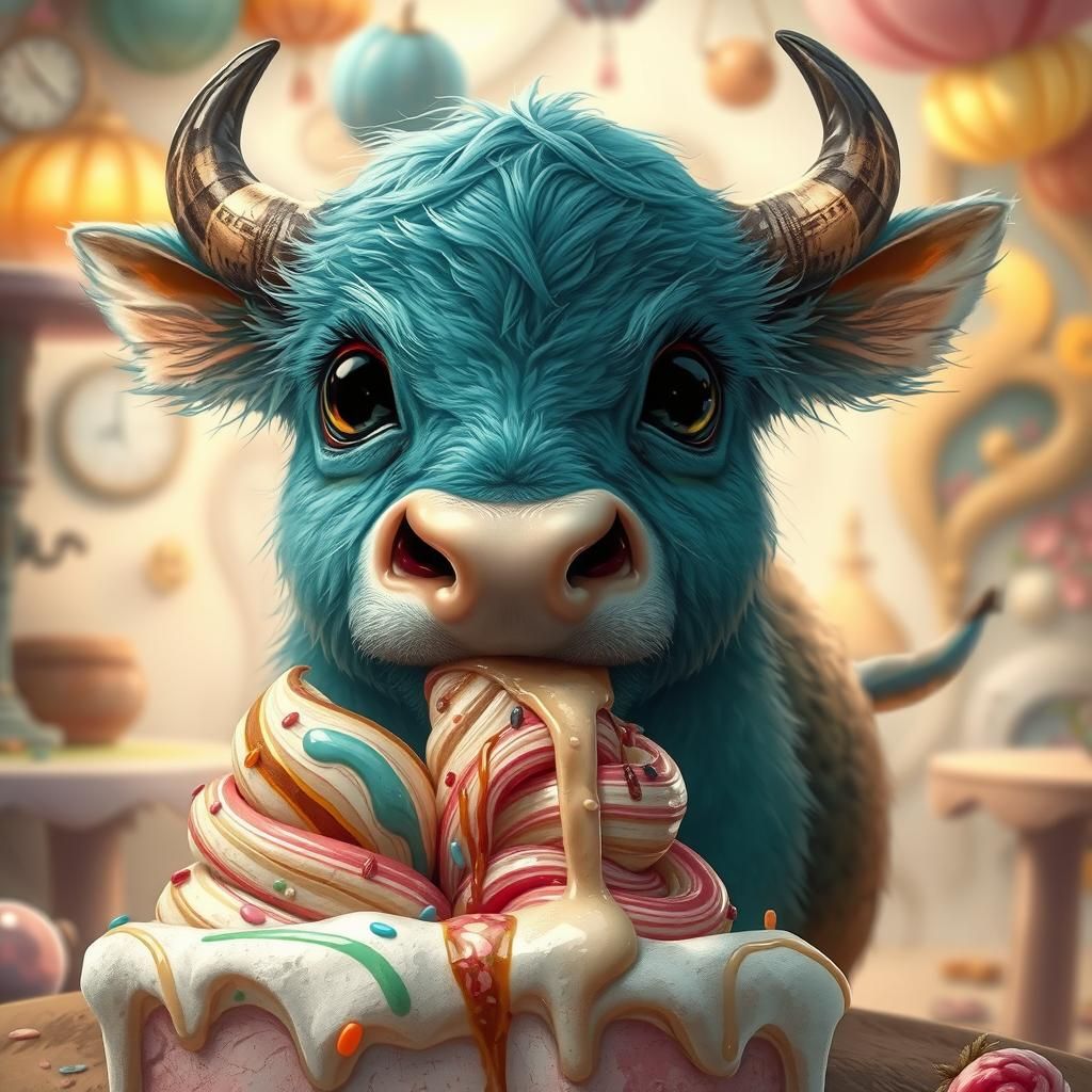 Turquoise Baby Bull Enjoys Ice Cream, Fantasy Art