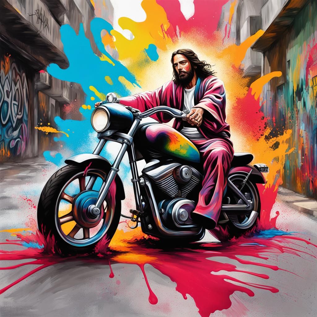 Jesus on Motorcycle: Graffiti Street Art