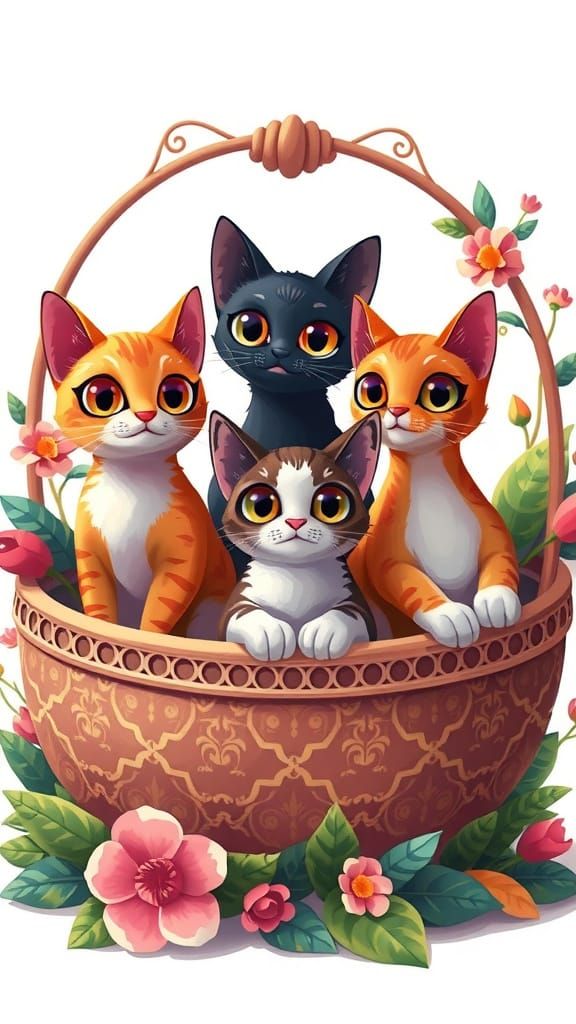 Whimsical Cats in Basket: Digital Fantasy Illustration