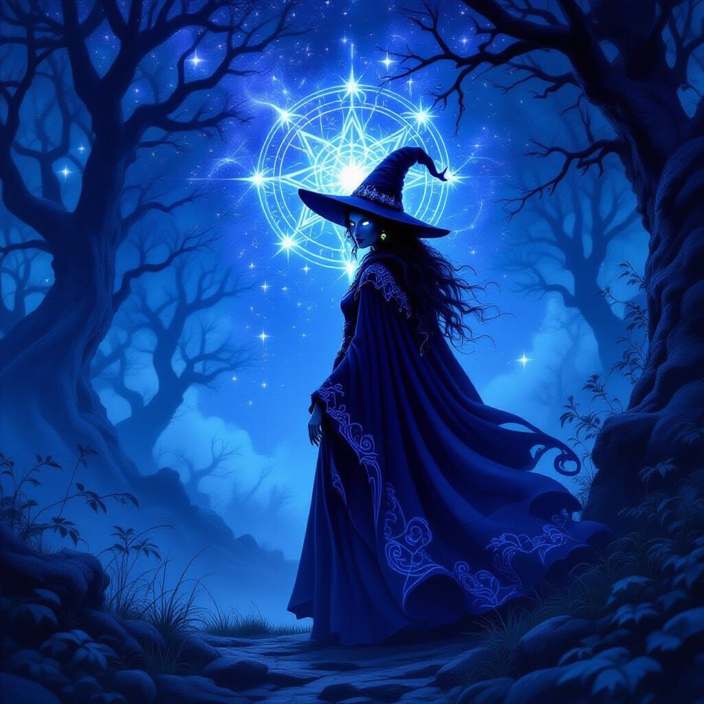 Mystical Witch in Ancient Forest Under Starlit Sky