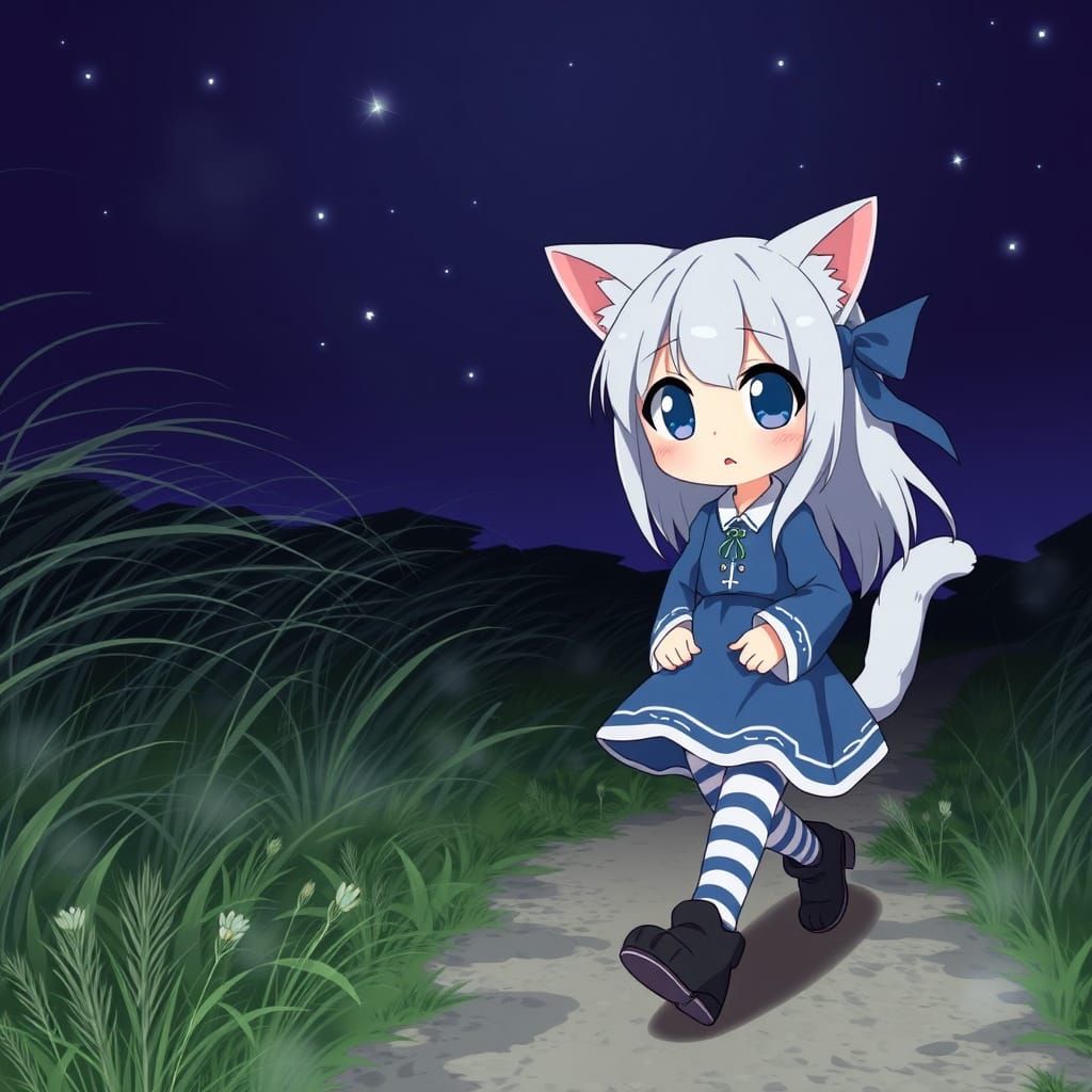 Cute Anime Catgirl Faces Stormy Night in Elegant Blue Attire