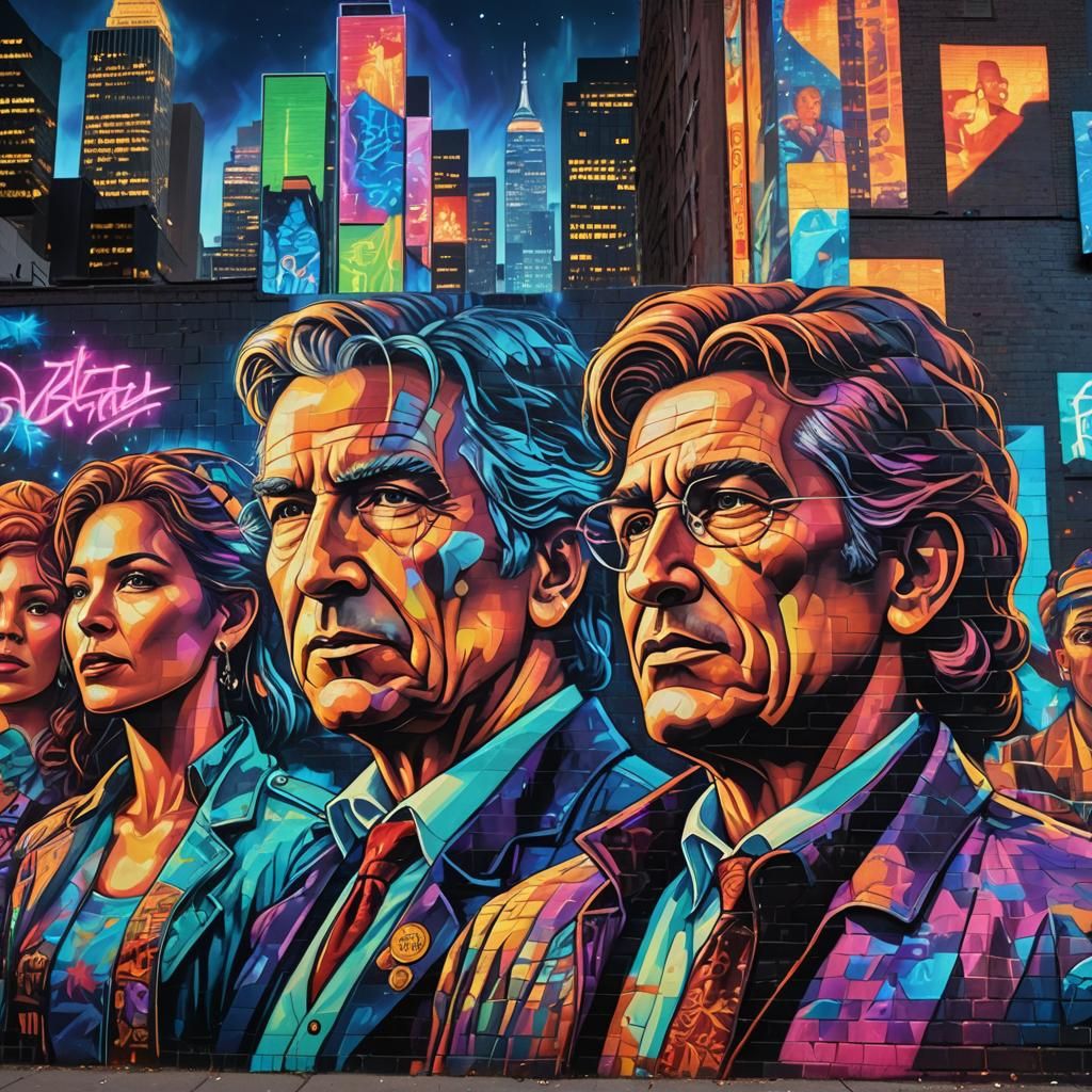 Vibrant Mural of Historical Figures in Neon Cityscape