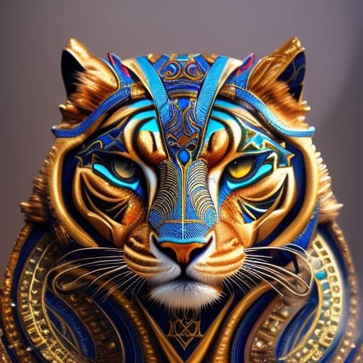 Ornate Egyptian Lion with Hieroglyphs in Gold and Blue