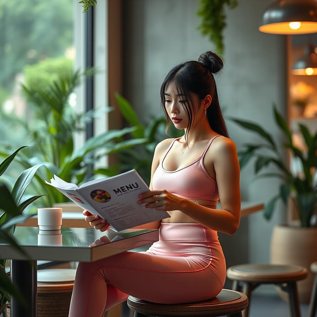 Elegant Woman in Minimalist Restaurant: a Digital Painting