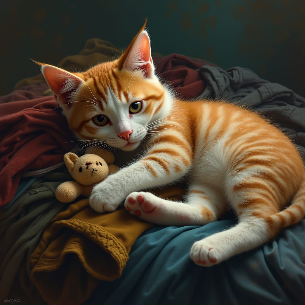 Cat With Toy Surrounded by Clothes in Hyperrealistic Style
