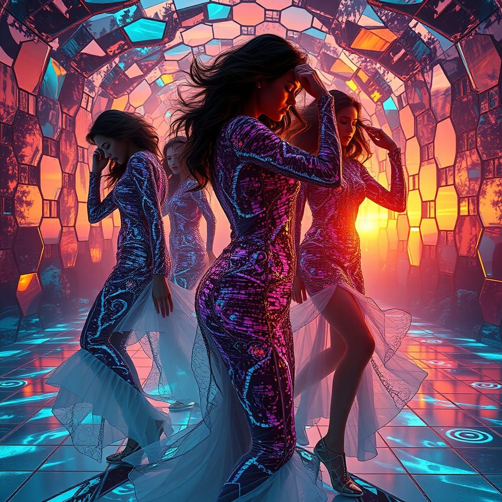 Dreamlike Disco Dancers in a Futuristic Labyrinth of Light