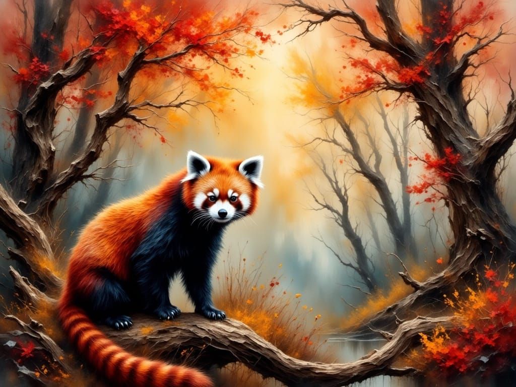 Autumn Red Panda in Grungy Oil Painting