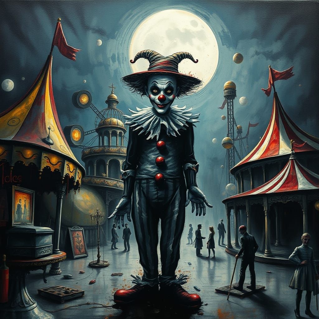 Eerie Clown in Moonlit Circus, Impasto Watercolor Style