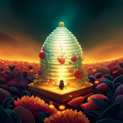 Bees and Beehive with Fantasy Flowers in Watercolor Style