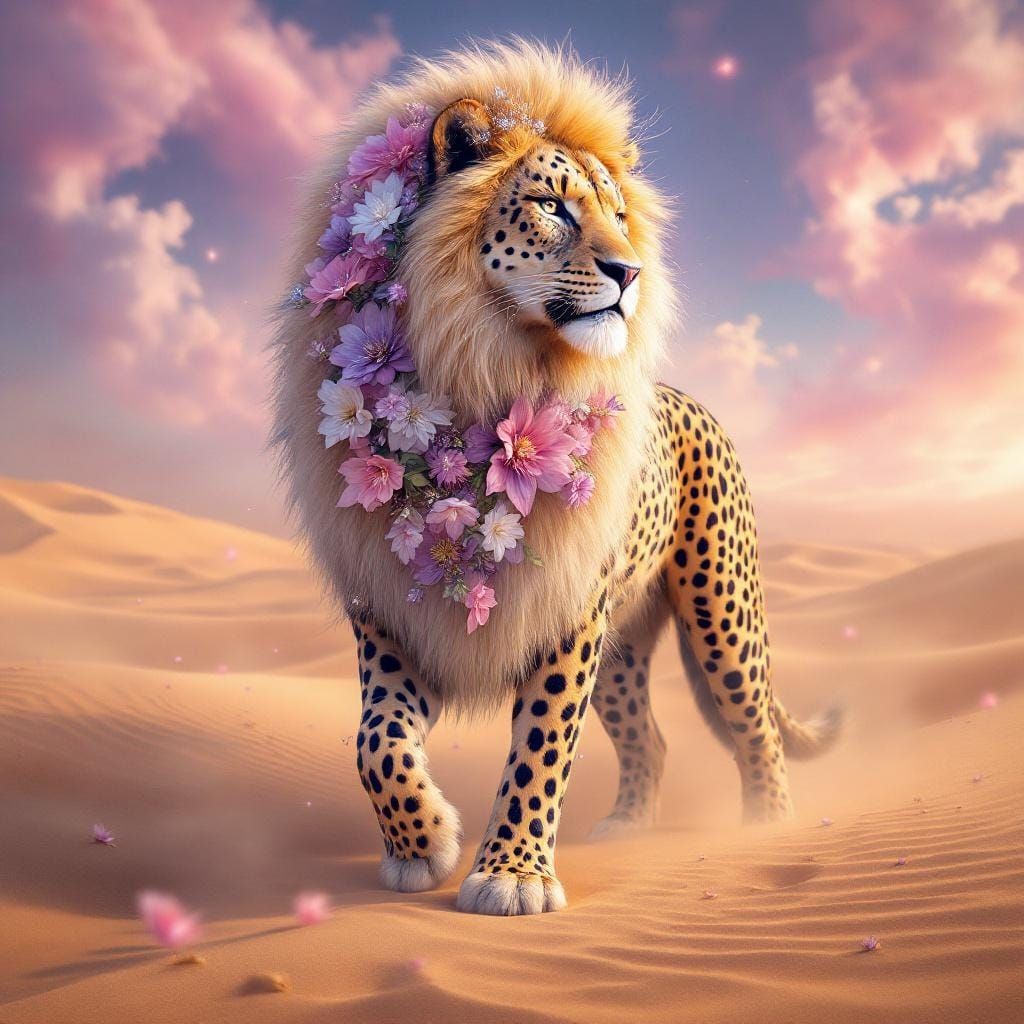 Diamond Flower Lion-Leopard in Dreamy Desert