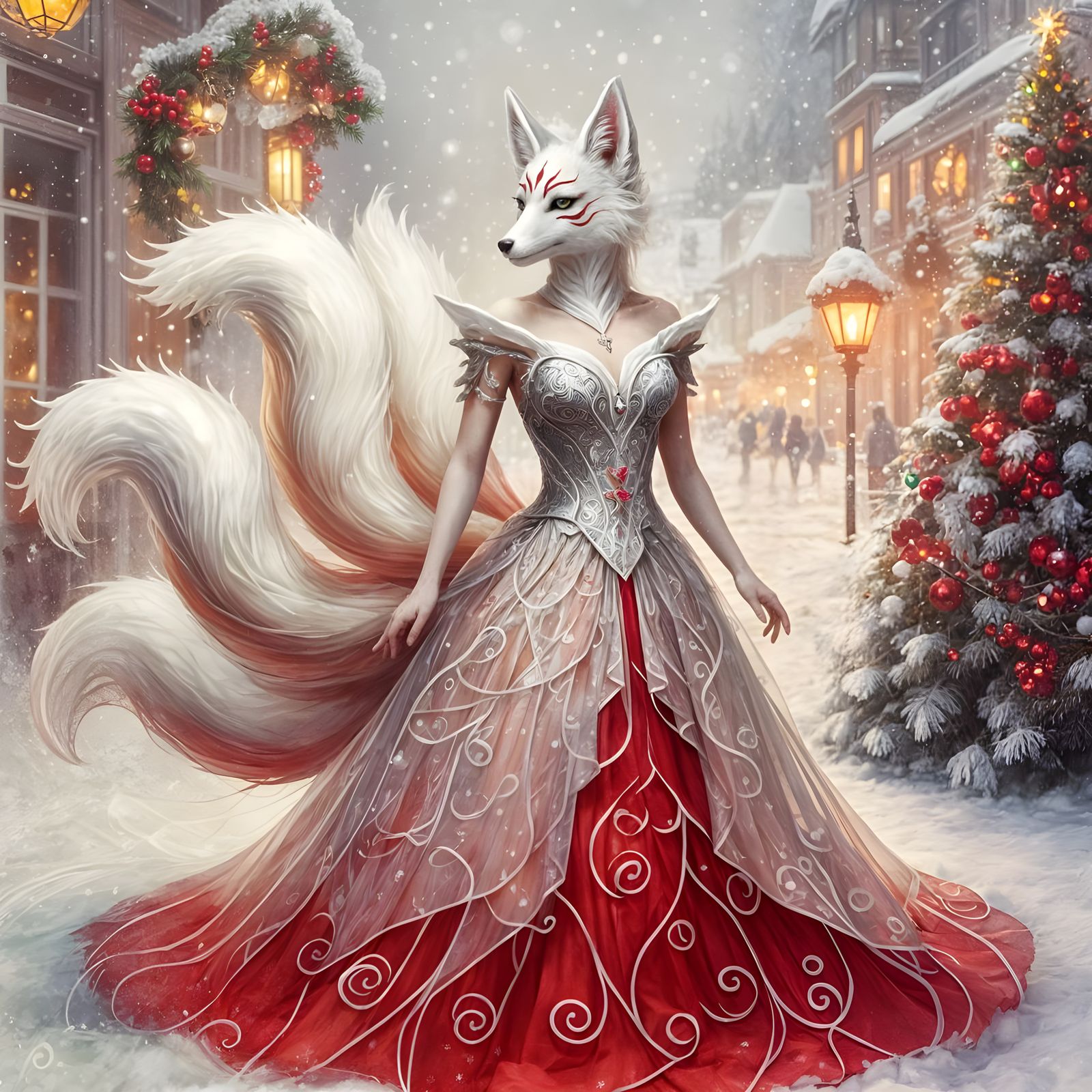 Enchanted Christmas Kitsune in Watercolor