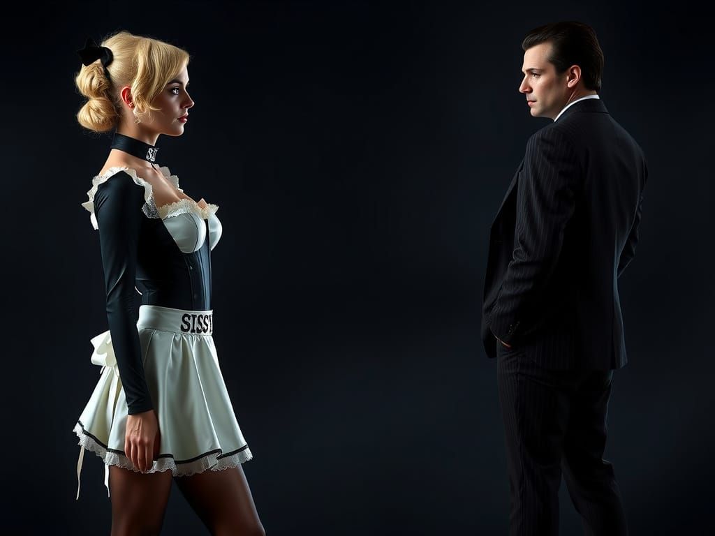 A man-sissy in a black latex maid outfit stands in the middl...