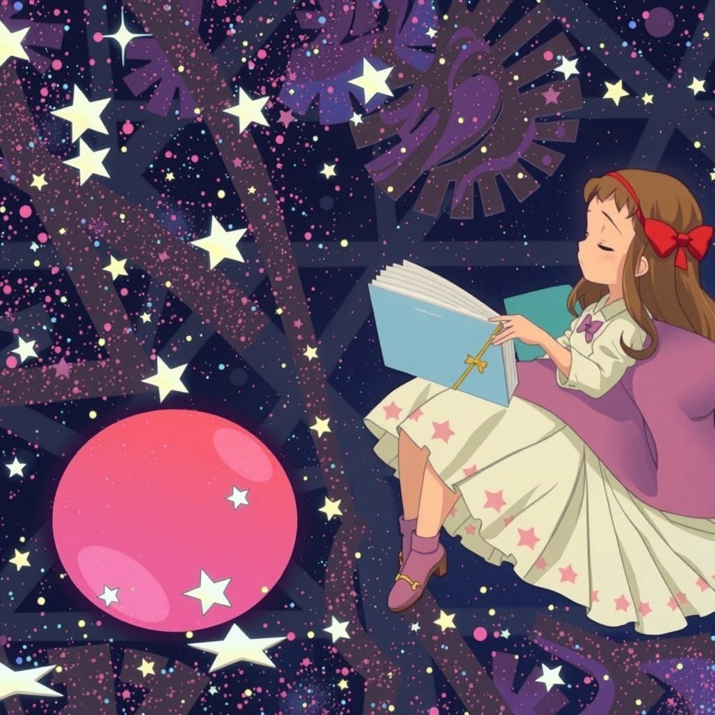 Girl Reading Among Stars in Anime Style