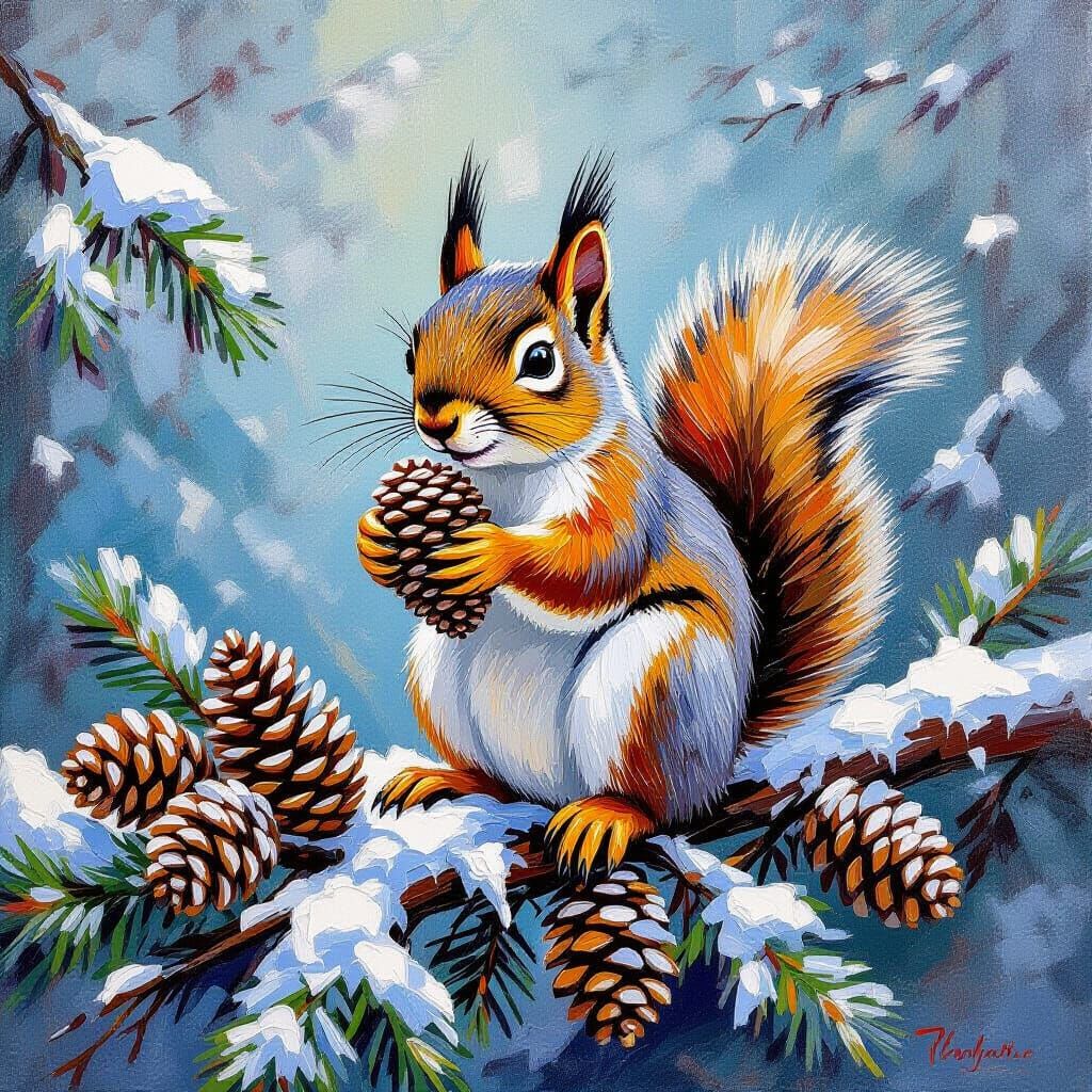 Squirrel with Pine Cone on Snowy Branch in Neo-Impressionist...