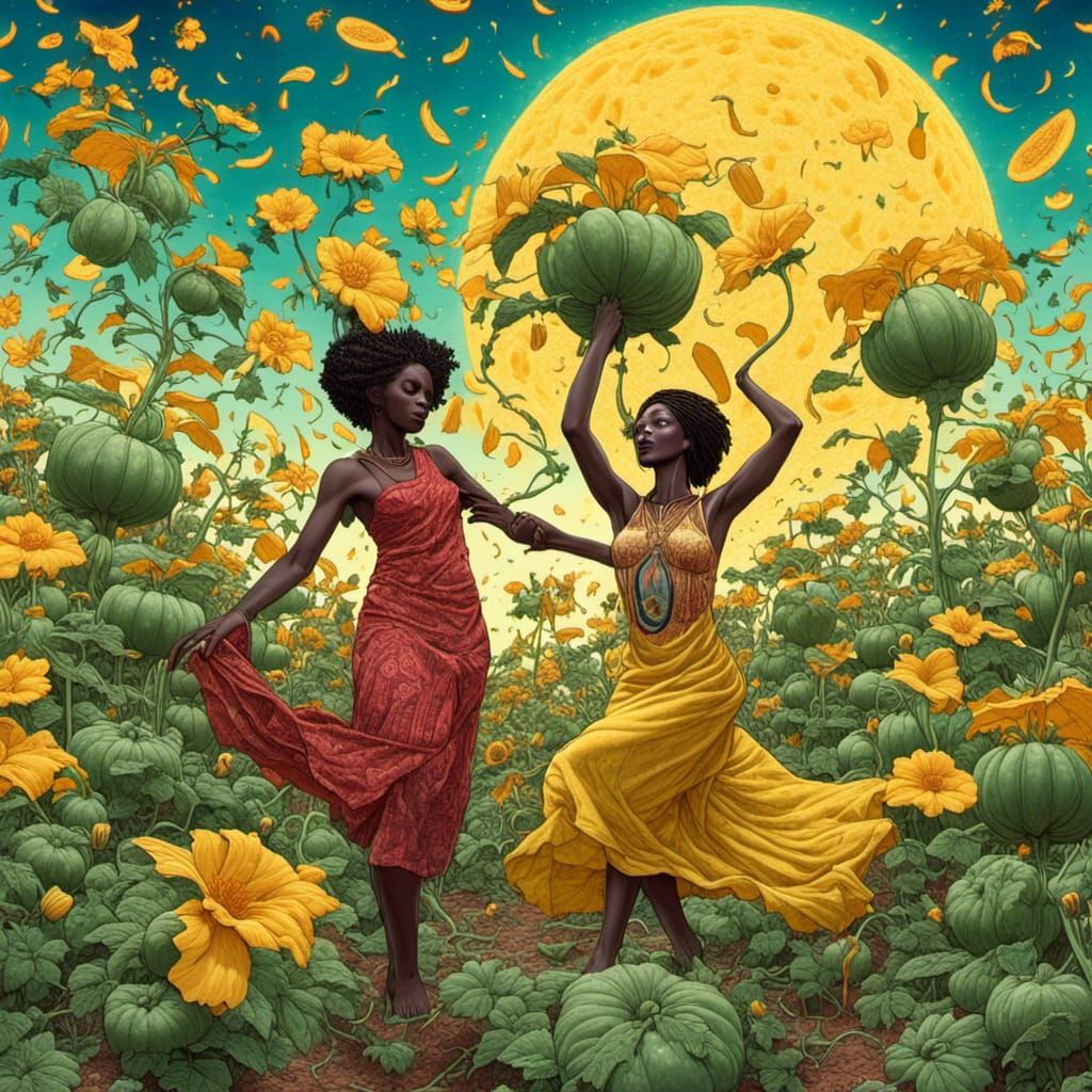 Vertical Squash with Dancing Women in Art Deco Style