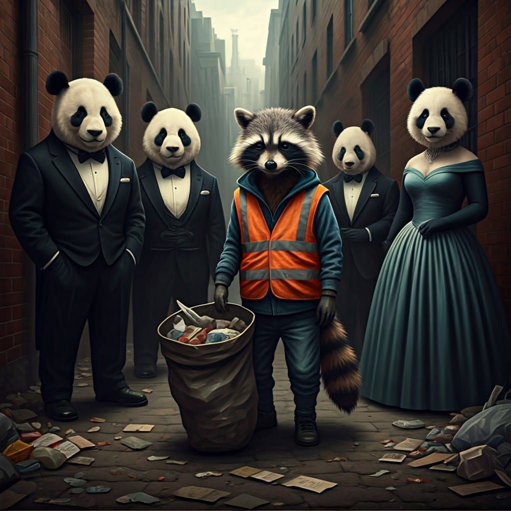 Raccoon Mocks Refinement in Elegant Satirical Scene