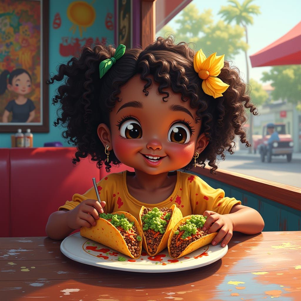 Joyful Girl Eats Tacos at Mexican Restaurant