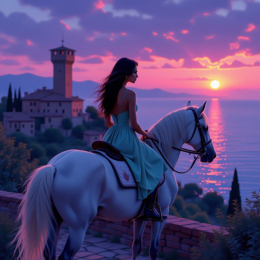 Tuscan Sunset: Woman Rides Horse in Psychedelic Style